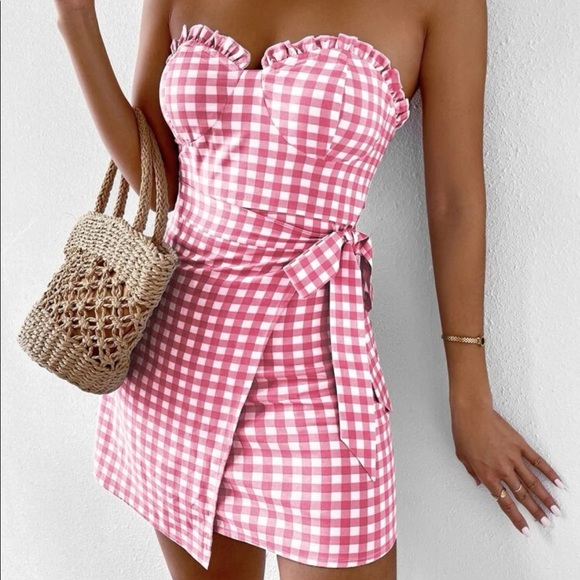 Dresses & Skirts - Gingham Frill Trim Wrap Knot Side Tube Dress